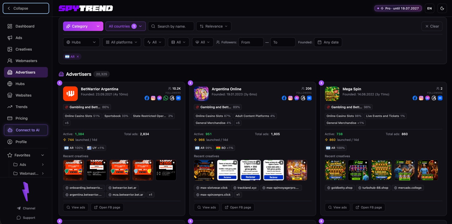 How to find competitor ads by Facebook page: the Advertisers section in Spytrend