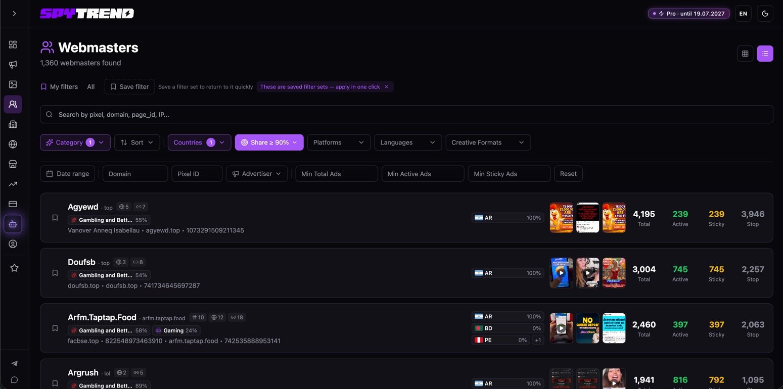 競合のウェブマスターとメディアバイヤーを見つける方法：Spytrendの「ウェブマスター」