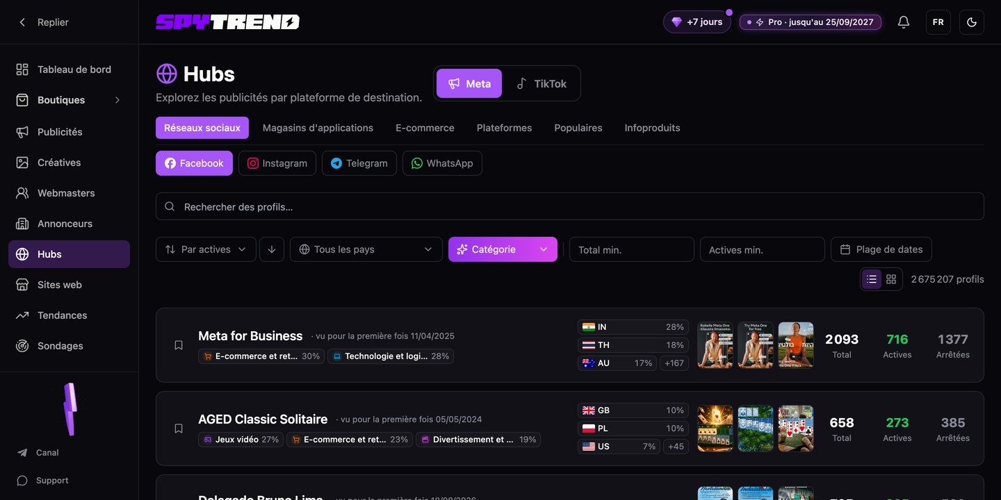 Section Hubs de Spytrend : onglets des plateformes et profils qui reçoivent du trafic