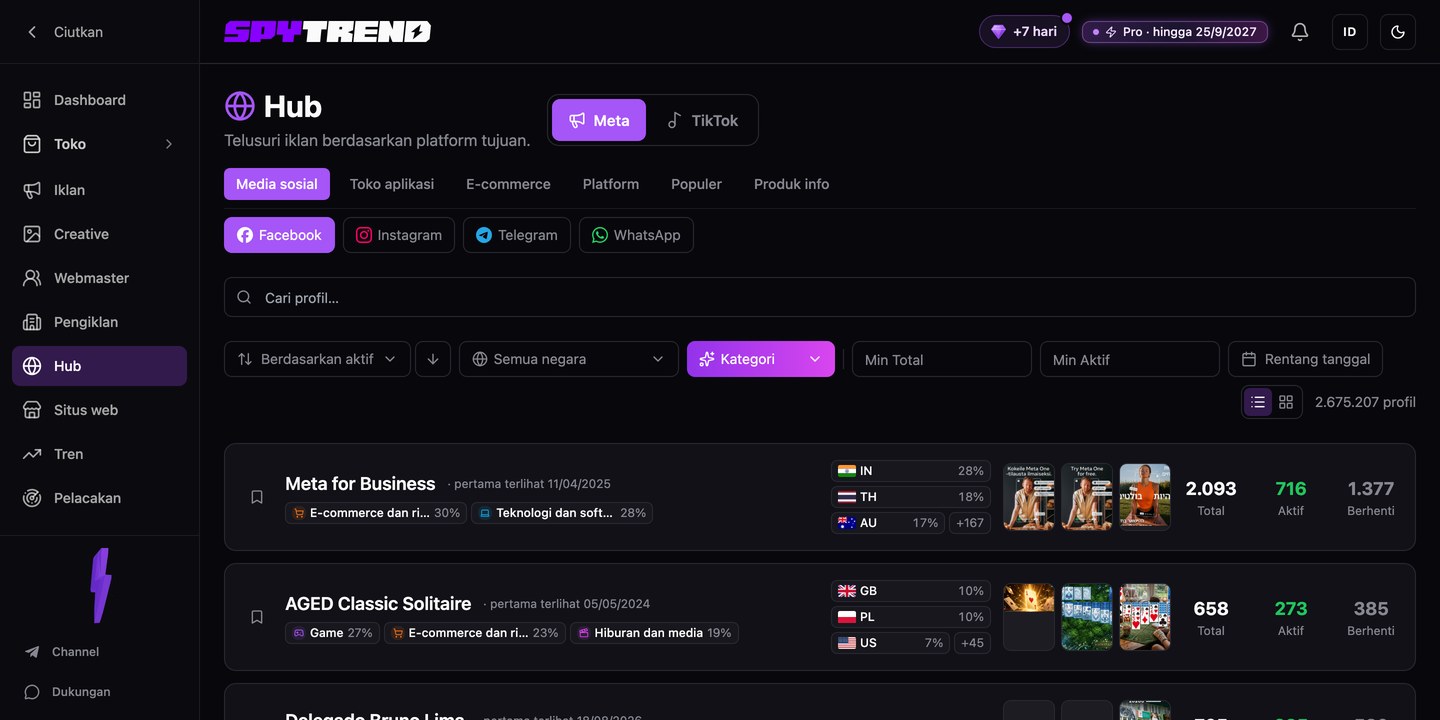 Bagian Hub di Spytrend: tab platform dan profil tujuan traffic