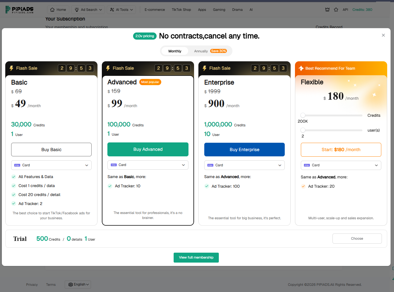 Pipiads pricing panel: Basic, Advanced, Enterprise and Flexible tiers on a flash-sale countdown, with the trial row showing 500 credits, 0 detail views, 1 user