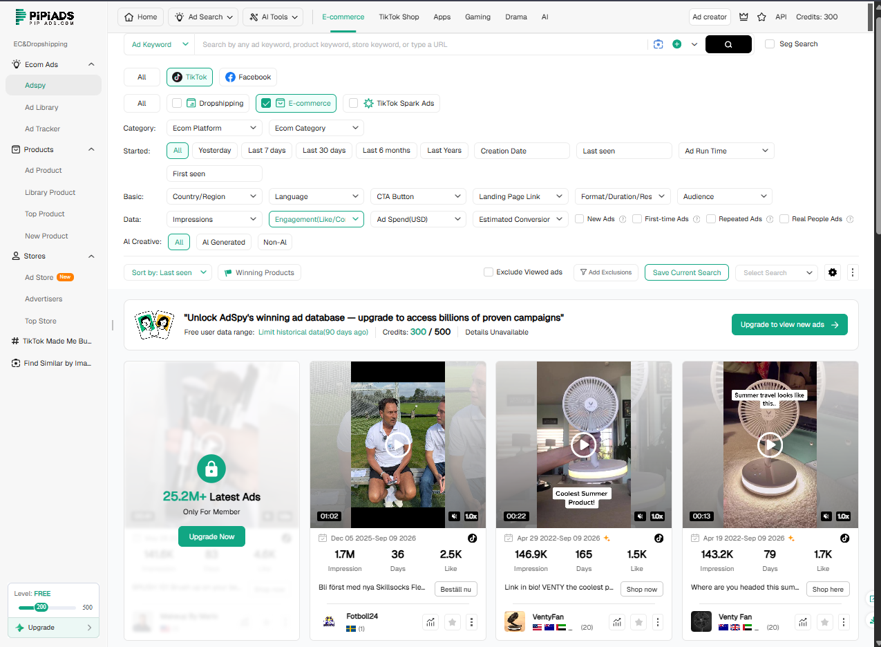 Pipiads TikTok ad search with the free-level upsell banner limiting historical data to 90 days back and the credit balance at 300 of 500