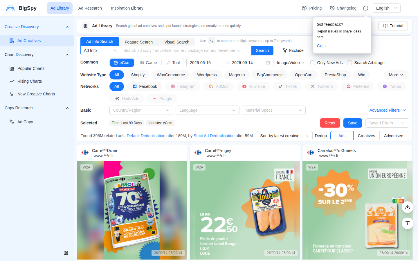 BigSpy Ad Library search screen inside a live account: Networks filter row showing 10 platforms (Facebook, Instagram, AdMob, YouTube, TikTok, X, Pinterest, Yahoo, Unity Ads, Pangle), Website Type filters, Common industry filter eCom / Game / Tool and the Ads / Creatives / Advertisers view toggle