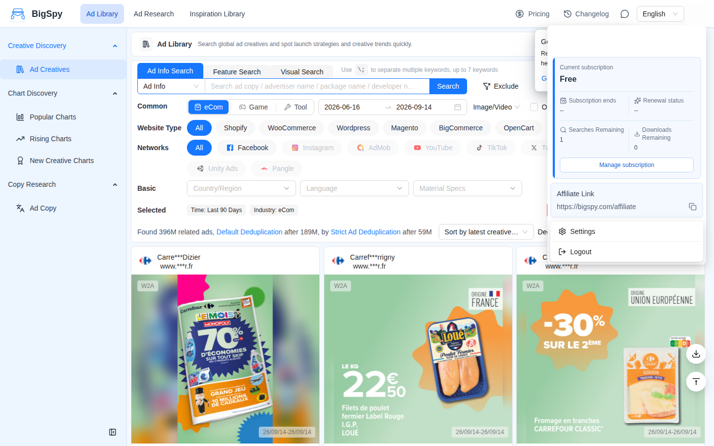 BigSpy account panel showing Current subscription: Free, with daily Searches Remaining and Downloads Remaining counters