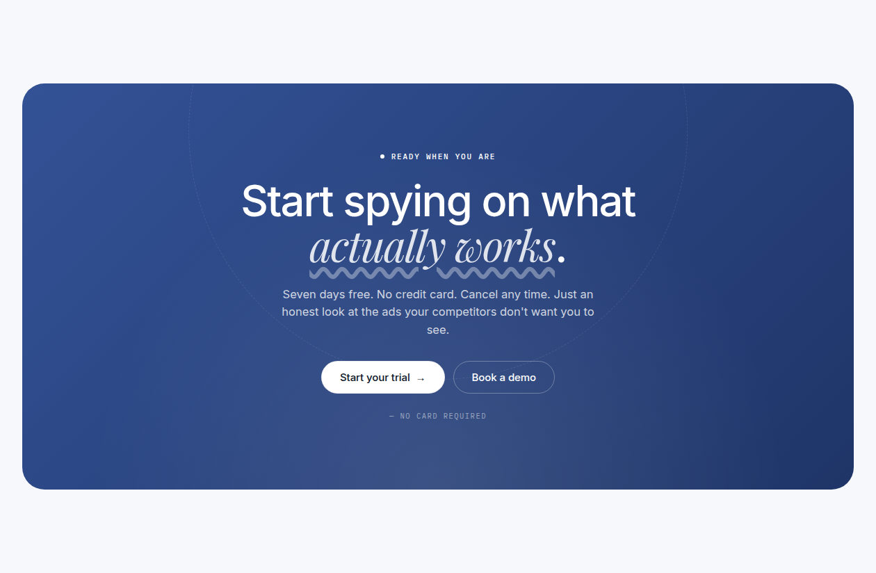 PowerAdSpyトップページ末尾。「実際に成果の出ている広告を調べよう」という見出し、「7日間無料。クレジットカード不要。いつでも解約可能」という文、トライアル開始ボタン、「カード不要」の注記