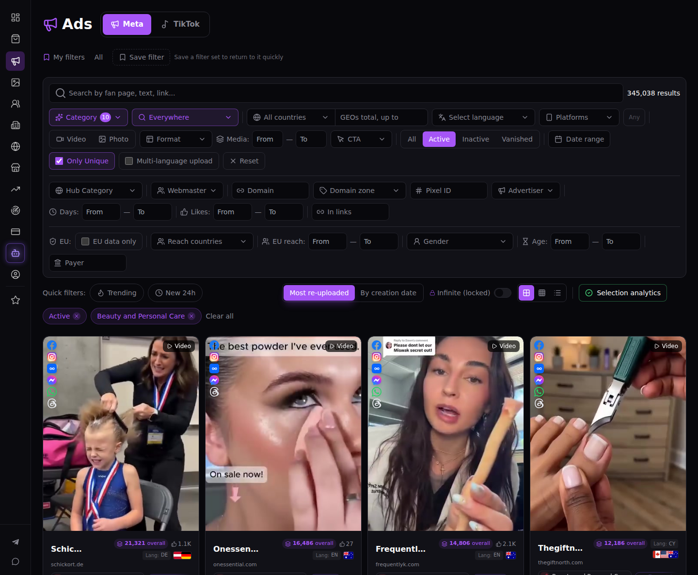Spytrendの「広告」、Metaタブ。カテゴリーフィルターで10件を選択し、「配信中」と「Beauty and Personal Care」のチップを表示。重複を除く設定がオン、再アップロード回数が多い順で345,038件。先頭にはschickort.de、onessential.com、frequentlyk.com、thegiftnorth.comのカード