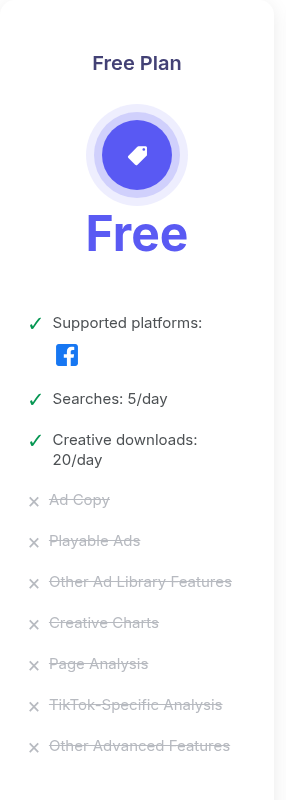 BigSpy homepage Free Plan column: supported platform Facebook, Searches 5/day, Creative downloads 20/day; Ad Copy, Playable Ads, Creative Charts, Page Analysis and TikTok-Specific Analysis crossed out