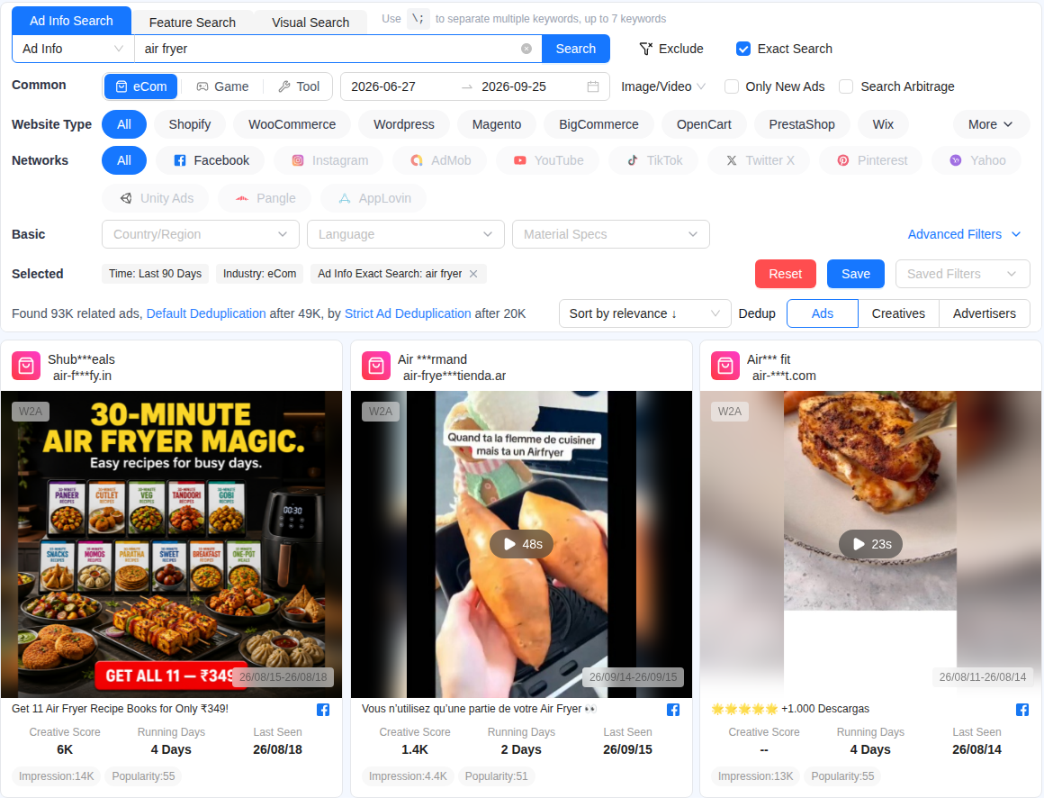 BigSpy Ad Library on a free account: Ad Info search "air fryer" with Exact Search, industry eCom, last 90 days; "Found 93K related ads, Default Deduplication after 49K, by Strict Ad Deduplication after 20K"; cards with masked names such as Shub***eals and air-f***fy.in, each showing Creative Score, Running Days, Last Seen, Impression and Popularity