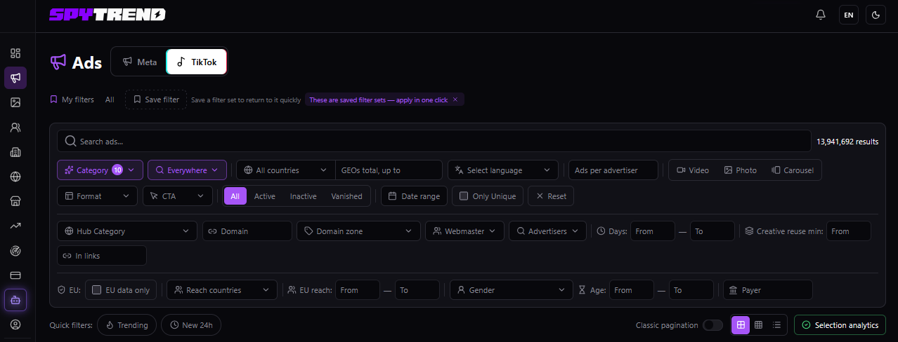 Spytrend Ads filtered to the Ecommerce and Retail category on TikTok, showing 13,941,692 results, Category filter badge showing 10 subcategories selected
