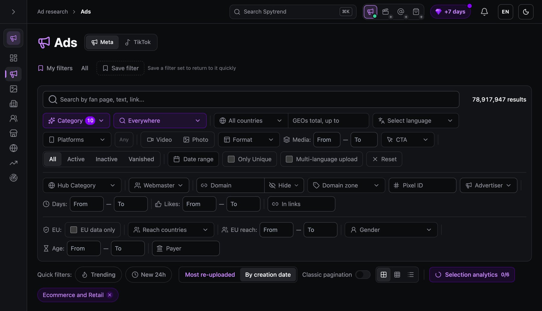 Spytrend Ads filtered to the Ecommerce and Retail category on Meta, showing 78,917,947 results