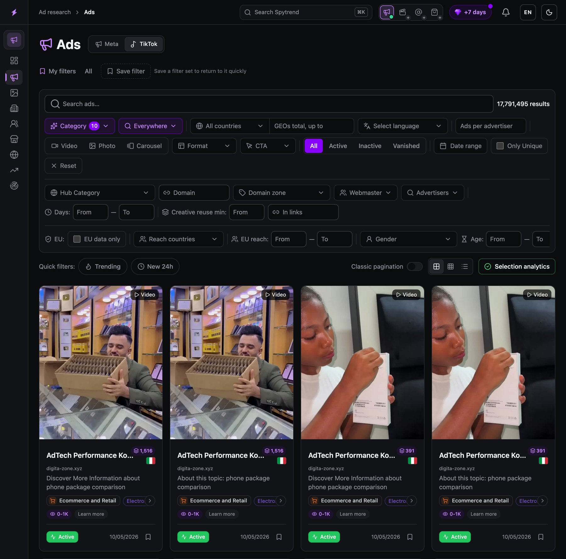 Spytrend Ads filtered to the Ecommerce and Retail category on TikTok, showing 17,791,495 results