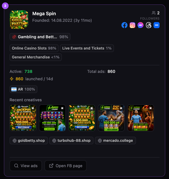 Karte von Mega Spin mit 2 Followern und klarem Fokus auf Slots