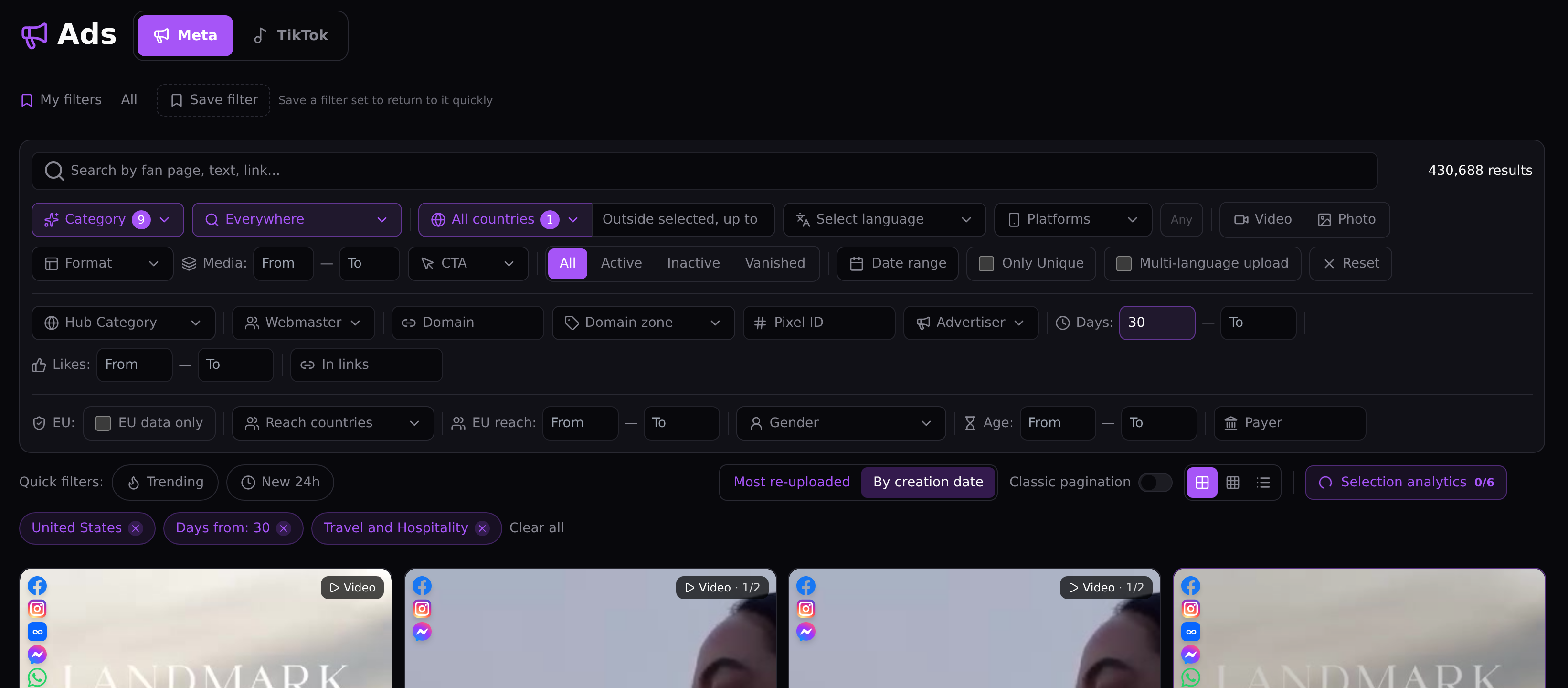 Sección «Anuncios» de Spytrend con todo el panel de filtros abierto: Estados Unidos, «Días desde» 30, viajes y hostelería, 430 688 resultados