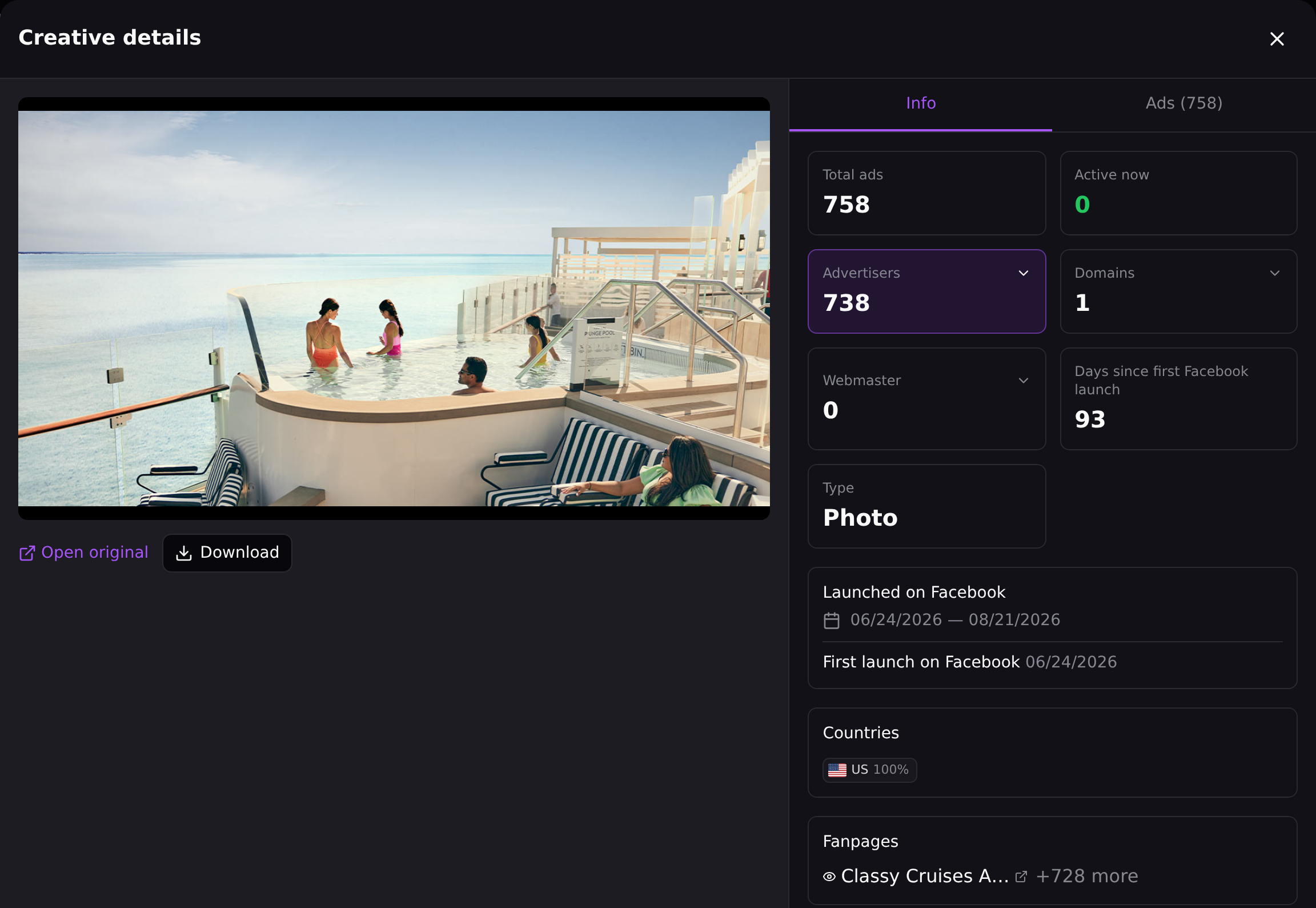 Ficha «Detalles de la creatividad» de Spytrend: foto de un crucero, 758 anuncios, 0 activos ahora, 738 anunciantes, 1 dominio, webmaster 0 y 93 días desde el primer lanzamiento en Facebook