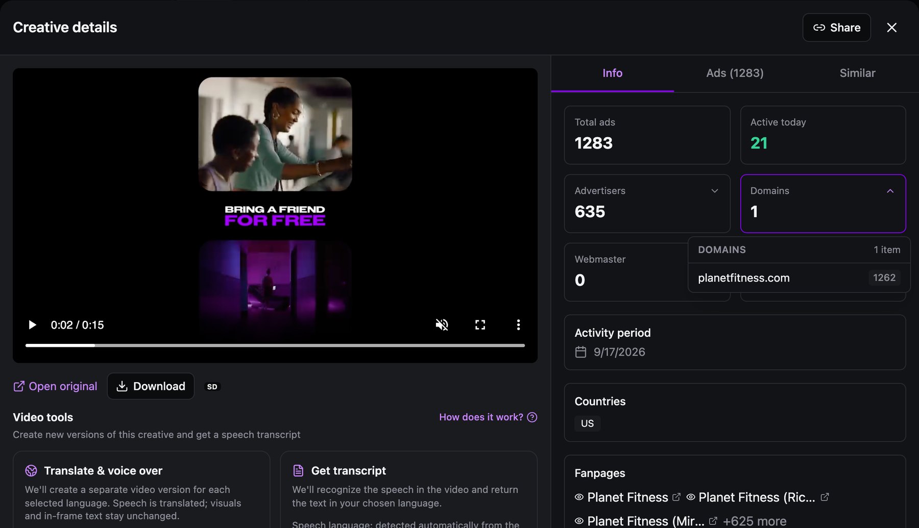 Spytrend Creative details: Planet Fitness video with the text Bring a friend for free, 1,283 ads, 21 active today, 635 advertisers, 1 domain, 0 webmasters, activity period Sep 17, 2026