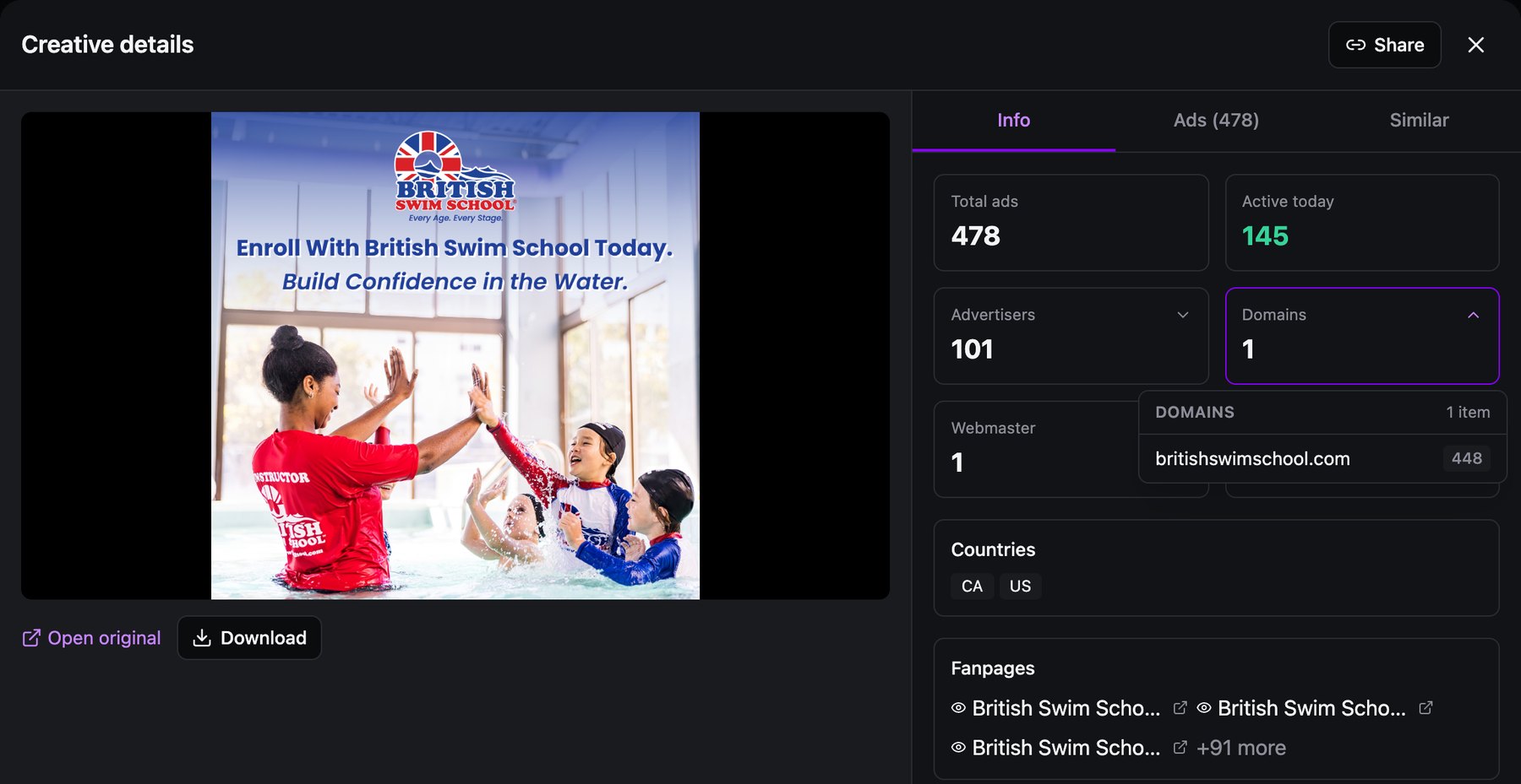 Spytrend Creative details: British Swim School photo with the text Enroll With British Swim School Today. Build Confidence in the Water, 478 ads, 145 active today, 101 advertisers, 1 domain, 1 webmaster