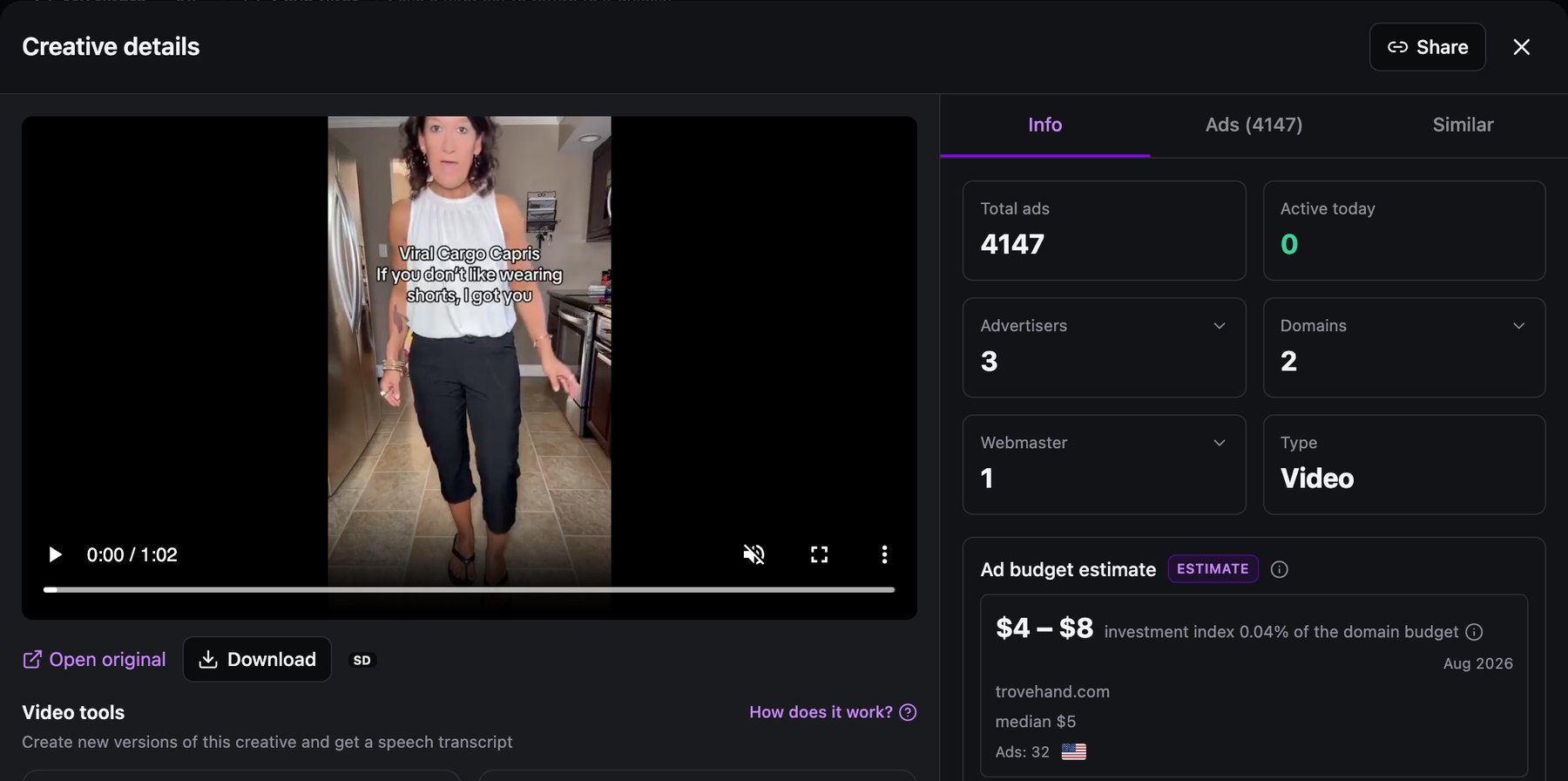 Spytrend Creative details: video of a woman walking in black cargo capris with the caption Viral Cargo Capris. If you don't like wearing shorts, I got you, 4,147 ads, 0 active today, 3 advertisers, 2 domains, 1 webmaster