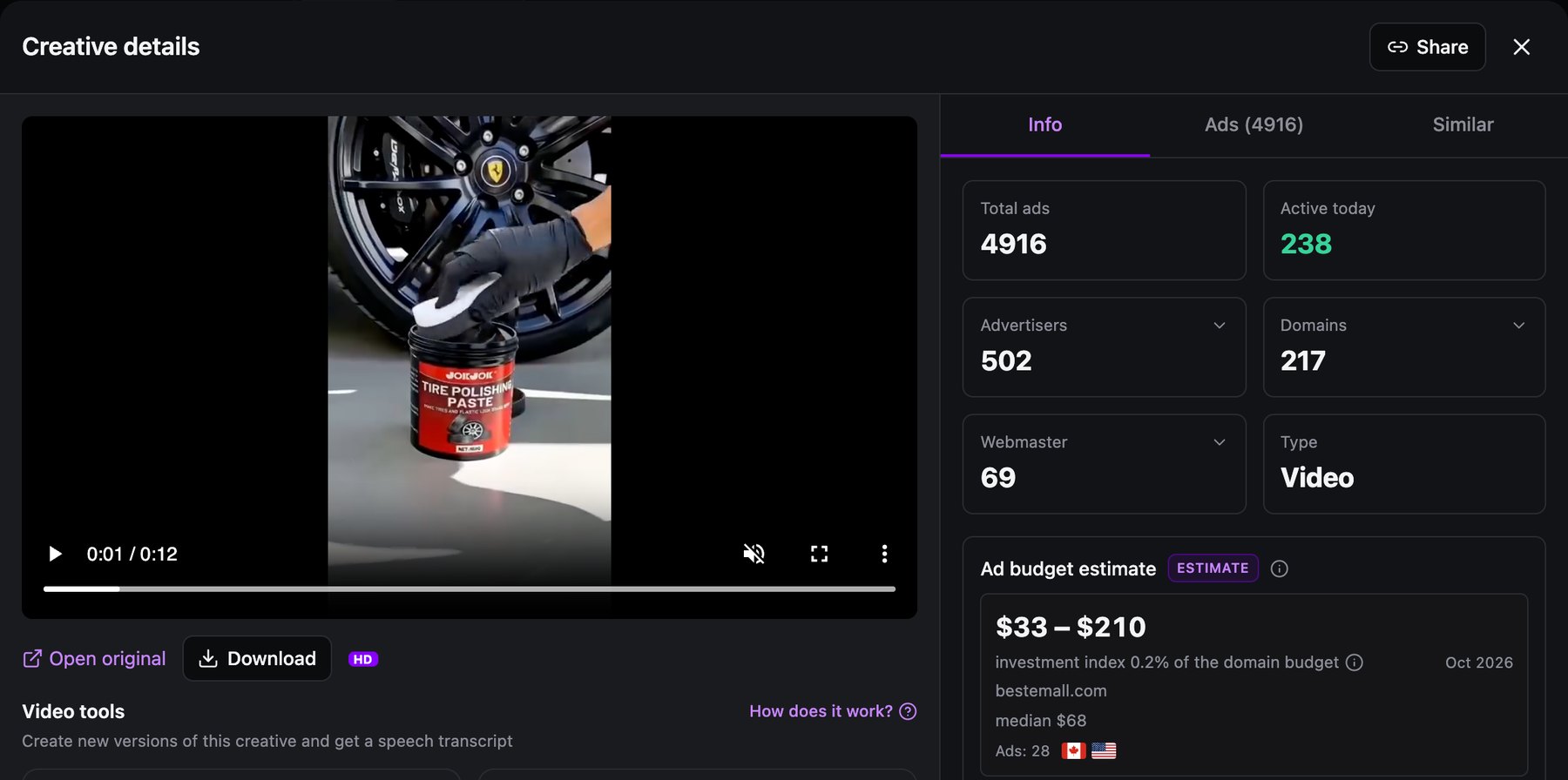 Spytrend Creative details: video of a gloved hand applying tire polish paste to a black wheel, 4,916 ads, 238 active today, 502 advertisers, 217 domains, 69 webmasters
