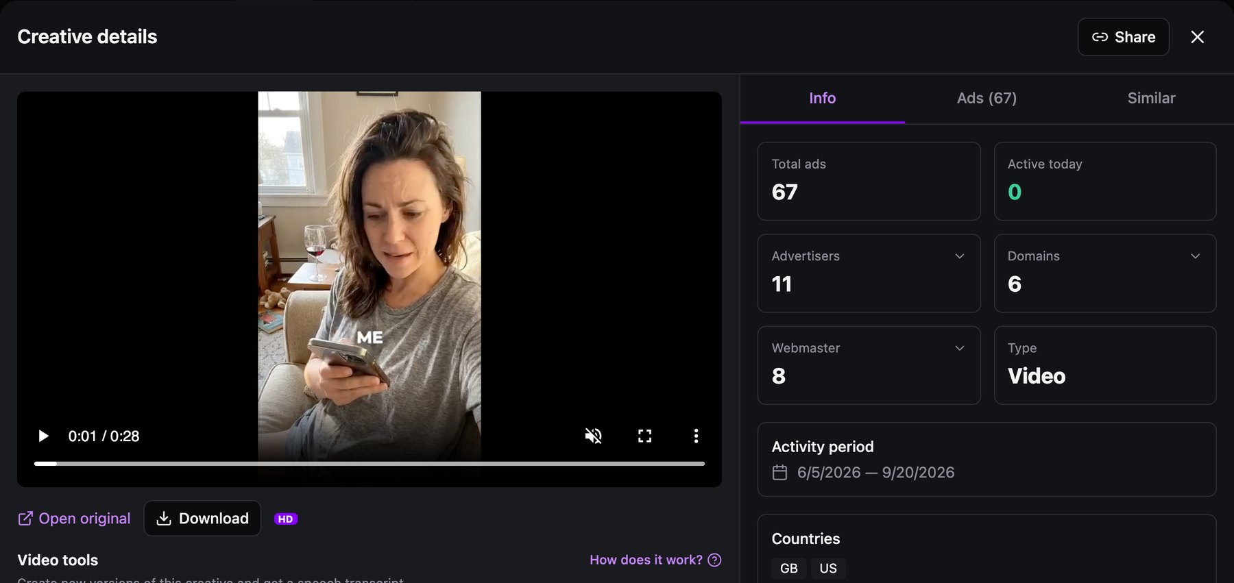 Spytrend Creative details: video of a woman looking at her phone, 67 ads, 0 active today, 11 advertisers, 6 domains, 8 webmasters, activity period Jun 5 to Sep 20, 2026