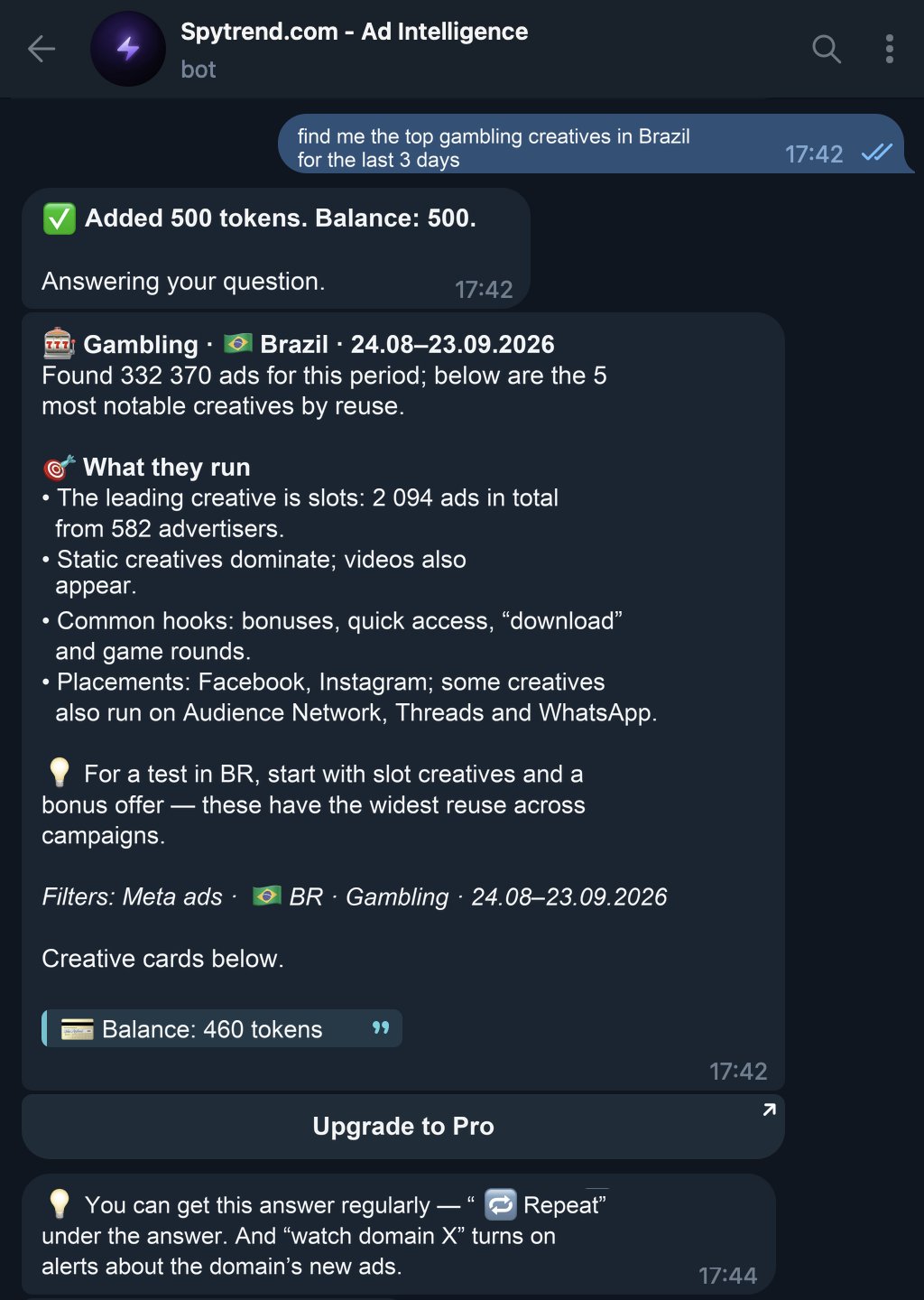 A plain-text request and the AI agent's answer: ads found, what is being run, formats, hooks, placements and remaining tokens