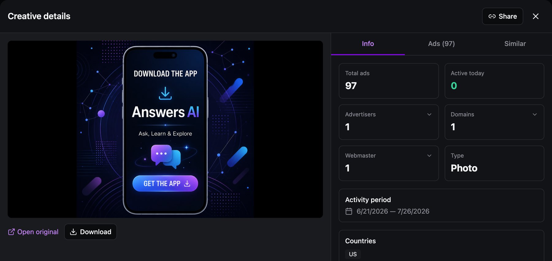 Spytrend Creative details: Answers AI app download creative, 97 ads, 0 active today, 1 advertiser, 1 domain, 1 webmaster, activity period Jun 21 to Jul 26, 2026
