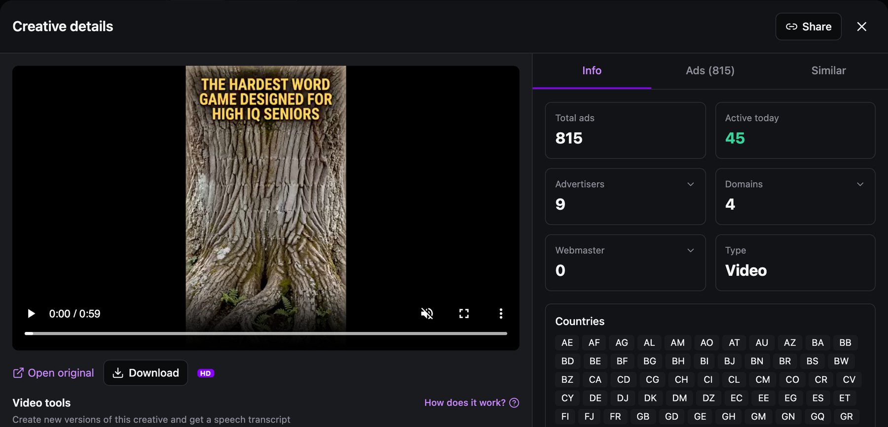 Spytrend Creative details: video with the text The hardest word game designed for high IQ seniors, 815 ads, 45 active today, 9 advertisers, 4 domains, 0 webmasters