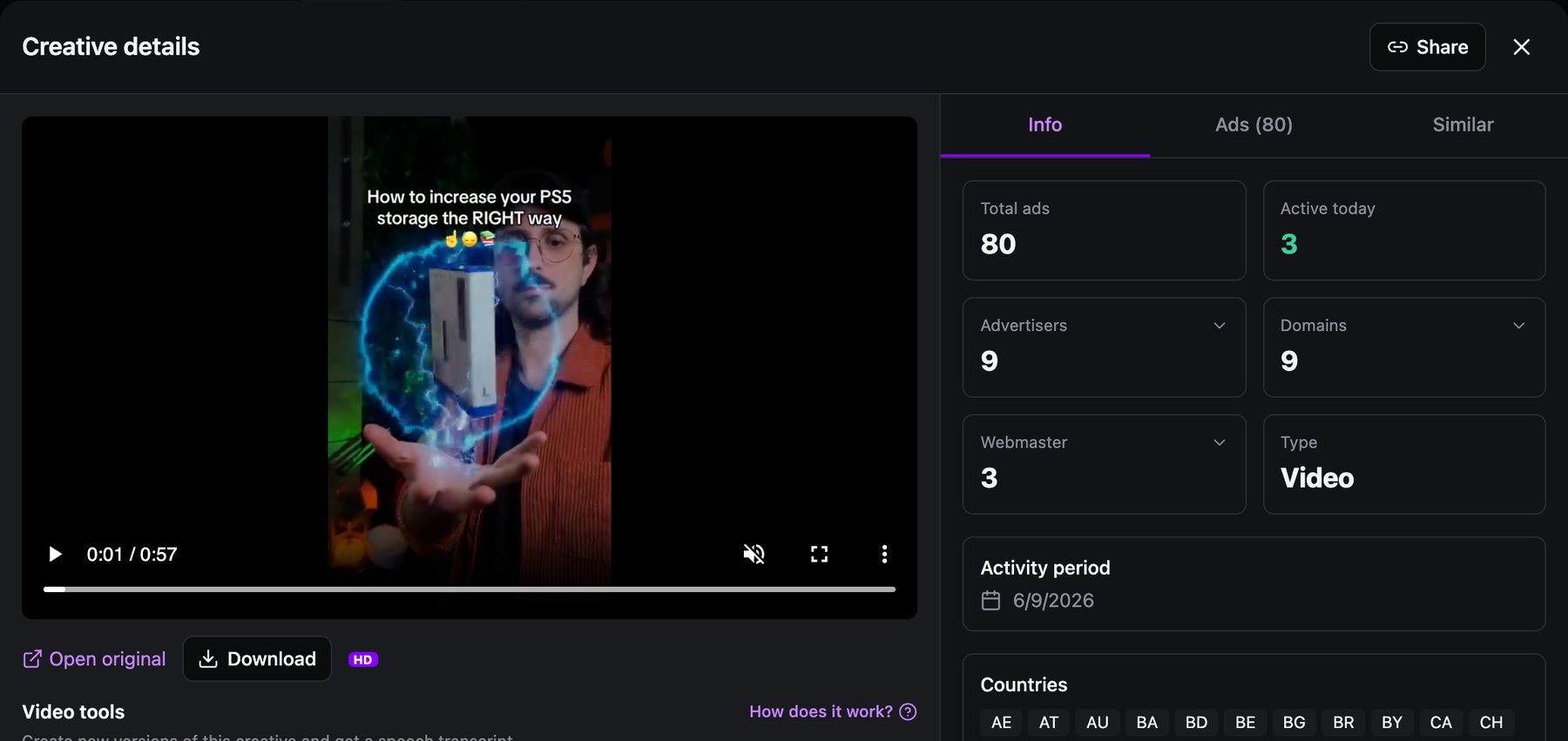 Spytrend Creative details: video titled How to increase your PS5 storage the RIGHT way, 80 ads, 3 active today, 9 advertisers, 9 domains, 3 webmasters, activity period Jun 9, 2026