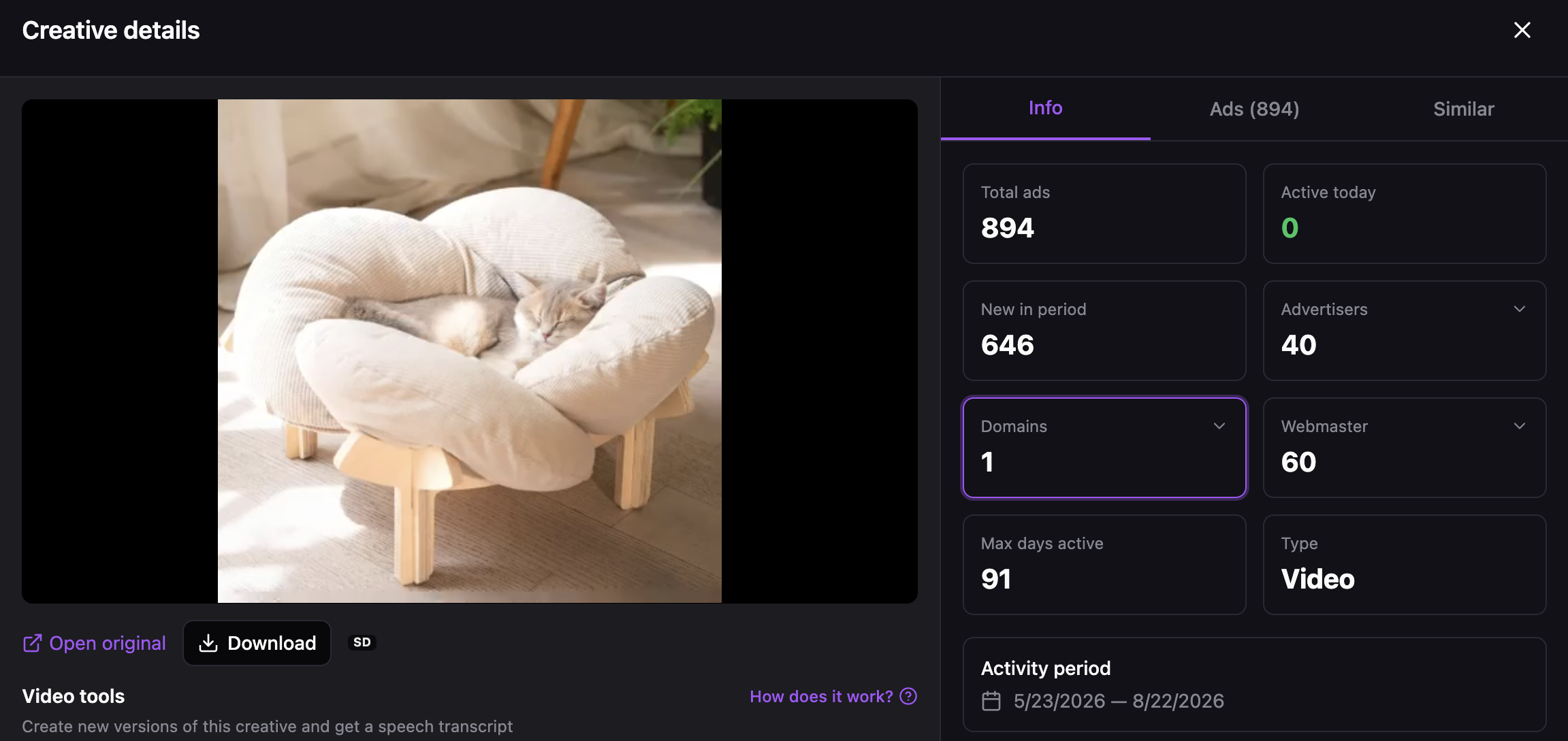 Spytrend Creative details: video of a kitten sleeping on a round cushion pet bed, 894 ads, 0 active today, 40 advertisers, 1 domain, 60 webmasters, 91 max days active