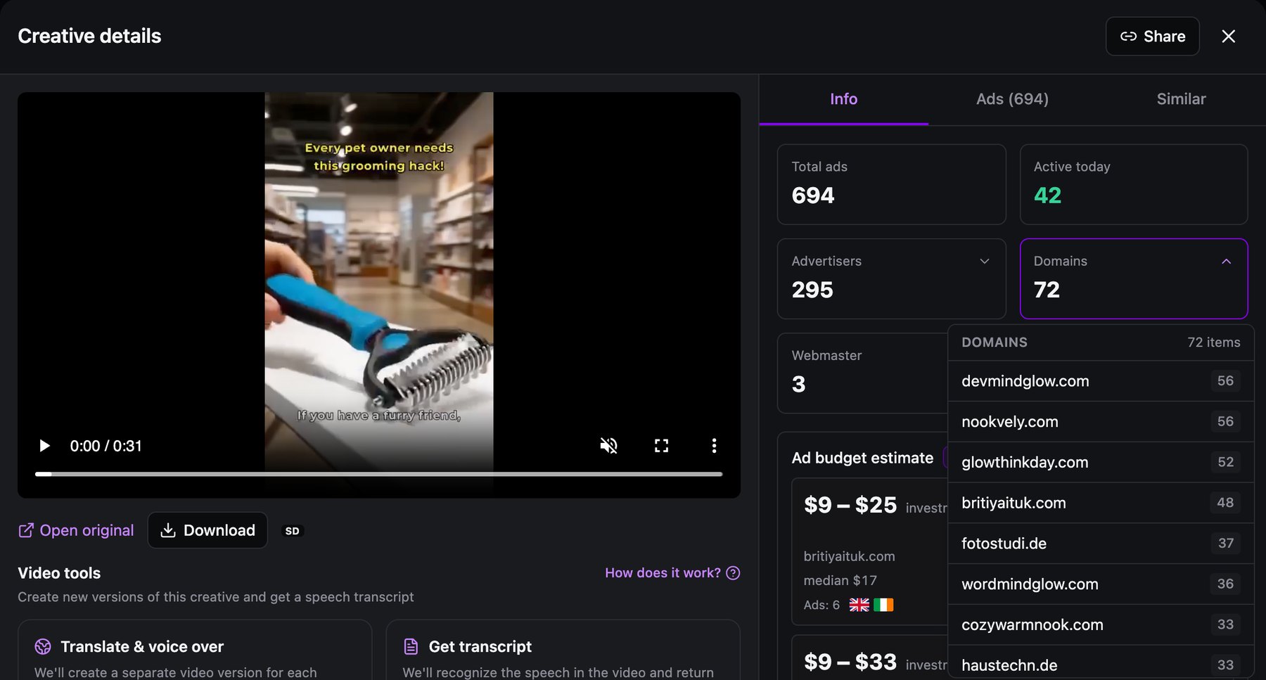 Spytrend Creative details: video of a pet grooming brush with the text Every pet owner needs this grooming hack, 694 ads, 42 active today, 295 advertisers, 72 domains, 3 webmasters