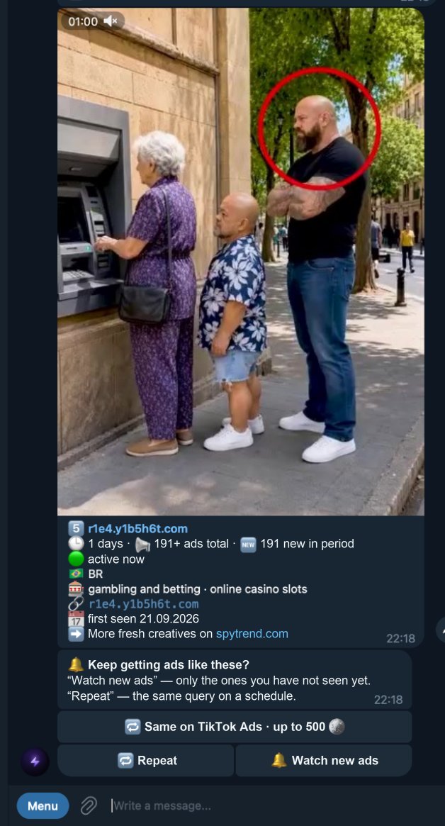 A creative card with domain, days running and number of ads, and the Same on TikTok Ads, Repeat and Watch new ads buttons under it