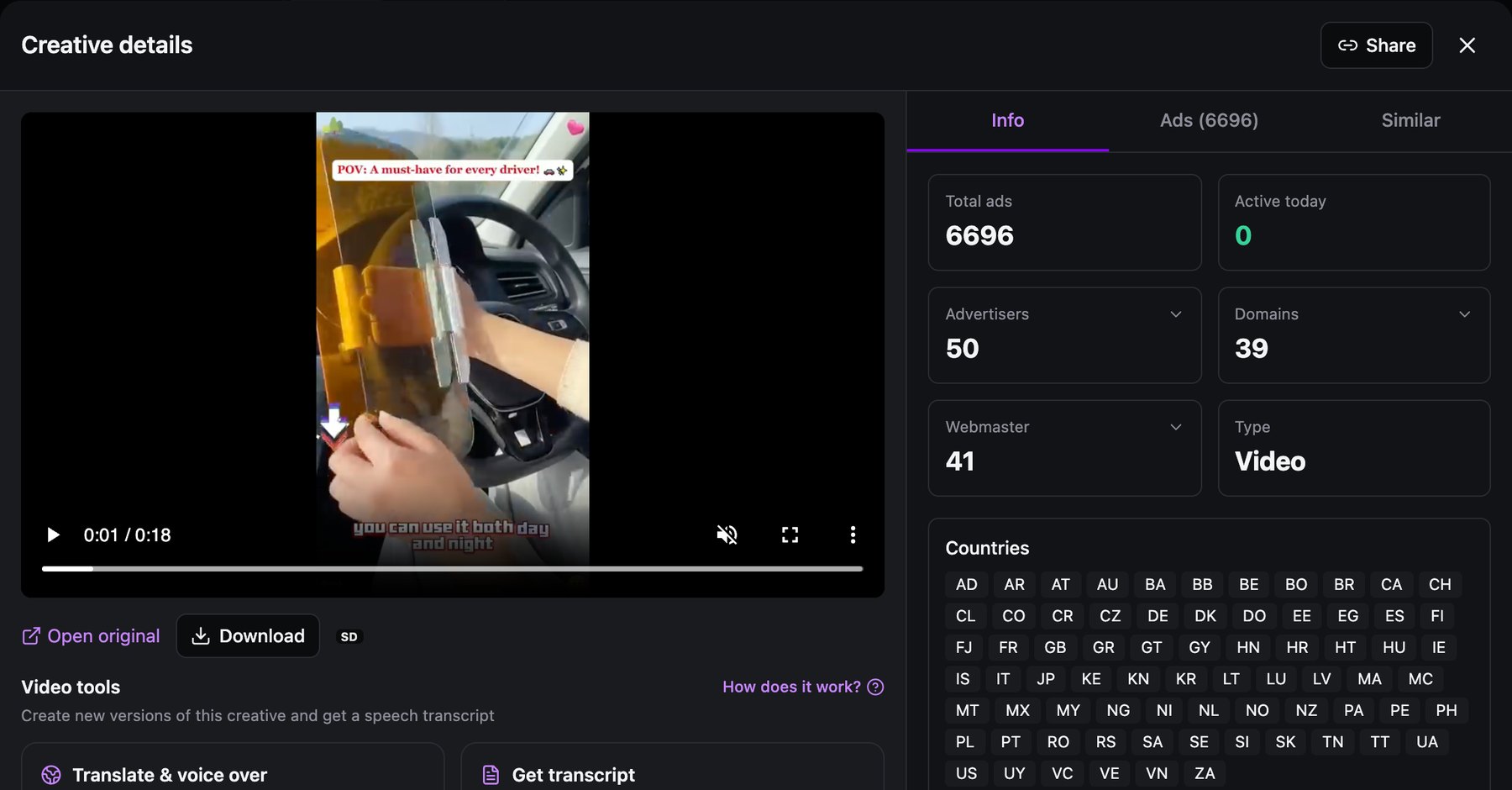 Spytrend Creative details: POV video of a steering-wheel gadget with the caption A must-have for every driver, 6,696 ads, 0 active today, 50 advertisers, 39 domains, 41 webmasters