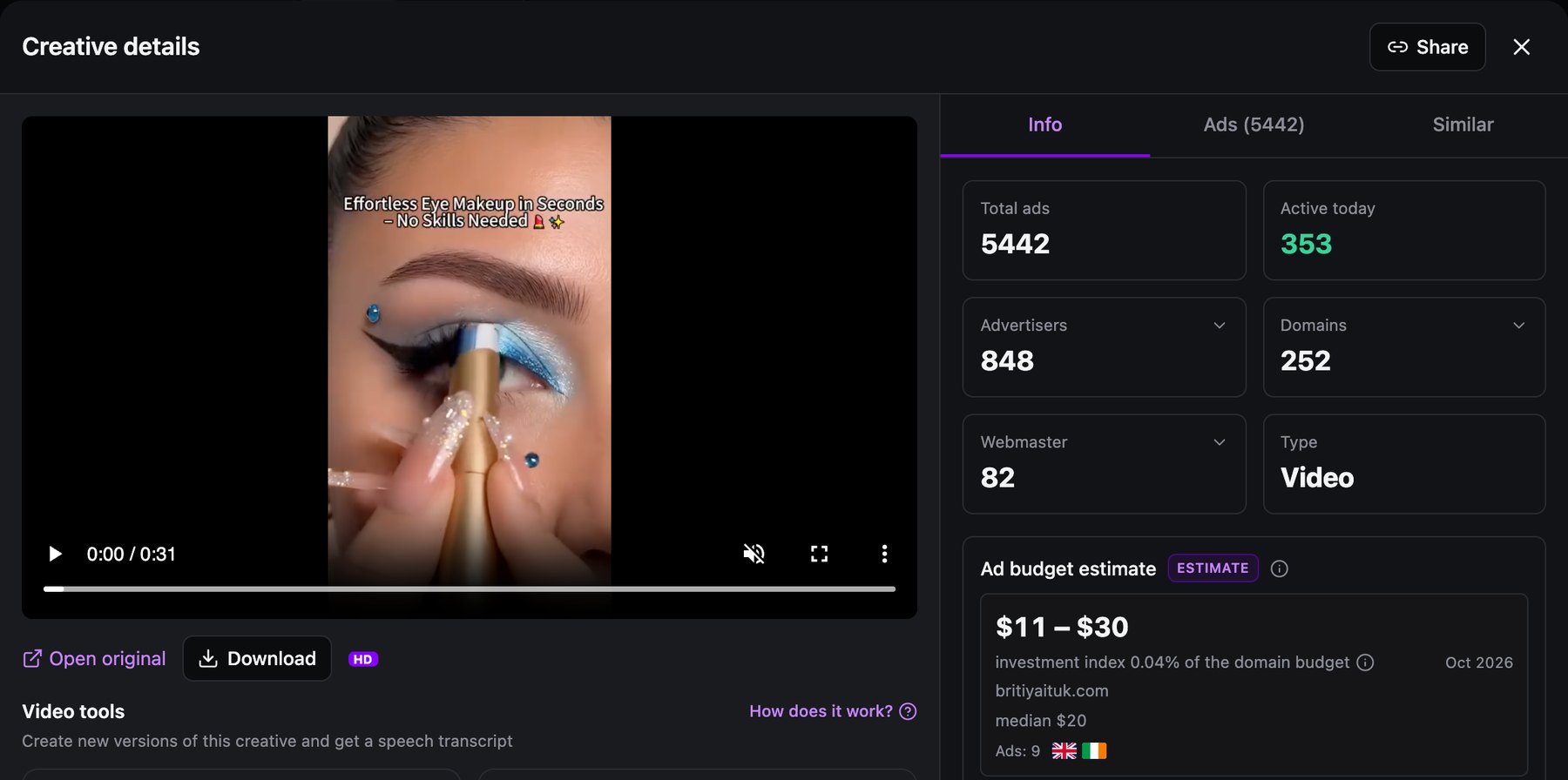 Spytrend Creative details: close-up video of eye makeup being applied with the caption Effortless Eye Makeup in Seconds, 5,442 ads, 353 active today, 848 advertisers, 252 domains, 82 webmasters