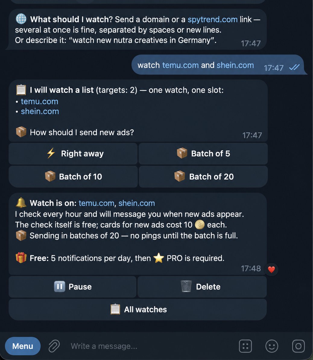 Watching several domains: list of targets, delivery mode choice and the watch-enabled confirmation