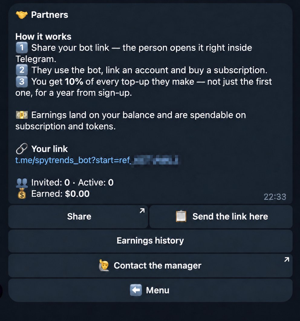 The Partners screen: how the program works, your personal bot link, invite and earnings counters
