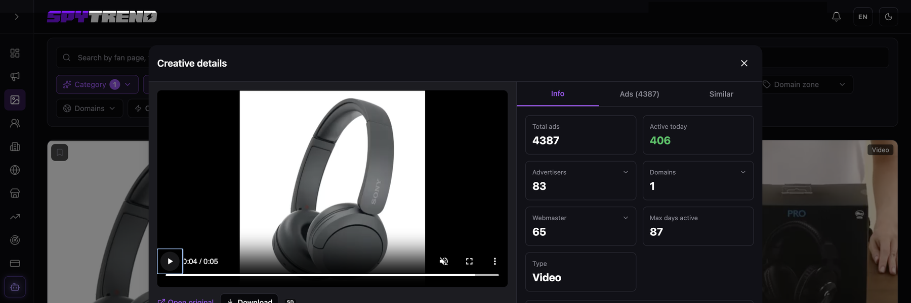 Spytrend-Details zu einem Video, das in 4.387 Anzeigen von 83 Advertisern und 65 Webmastern eingesetzt wurde, bei maximal 87 aktiven Tagen