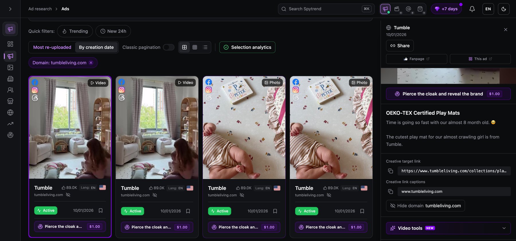 Spytrend-Anzeigenkarte für eine Anzeige von Tumbleliving mit dem angegebenen Ziellink und der Funktion zum Abruf der echten Zielseite für 1 $ pro Durchlauf