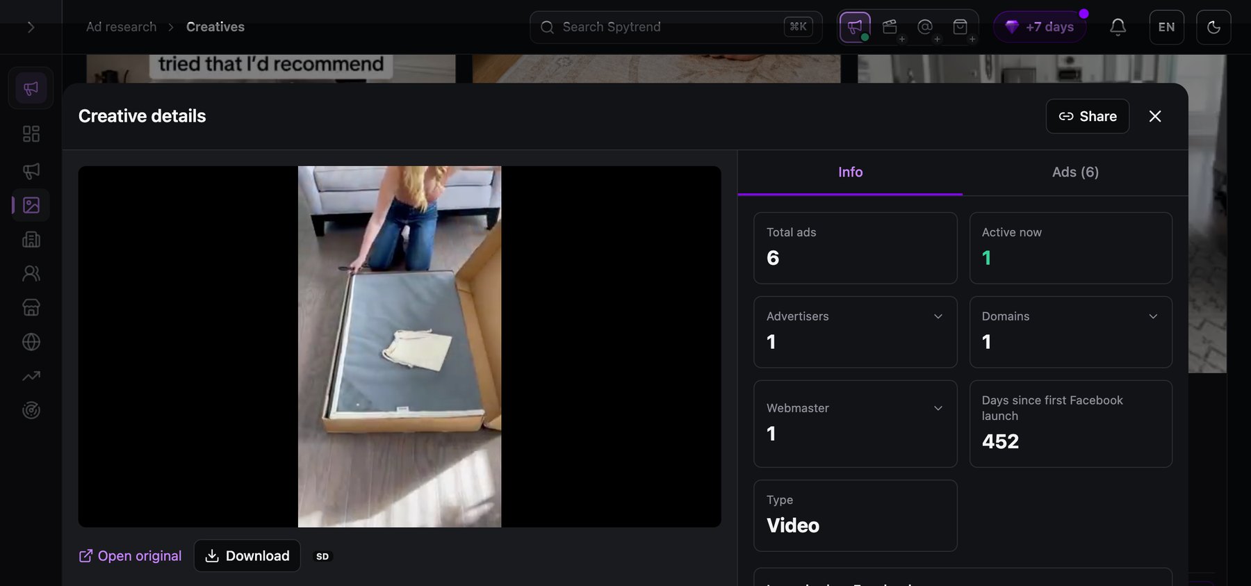 Creative-Details in Spytrend für ein Video von Tumbleliving, das in 6 separaten Anzeigen auf 1 Domain verwendet wurde