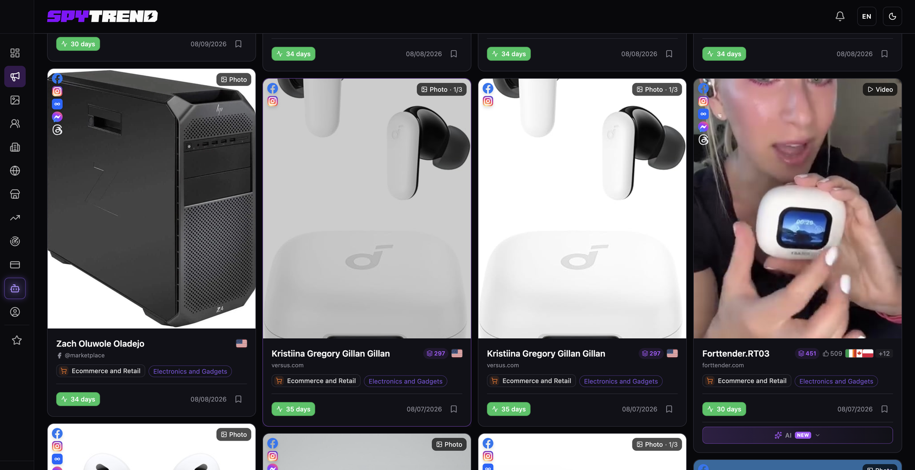 Spytrend Ads view filtered to Days Active from 30, United States, Electronics and Gadgets subcategory
