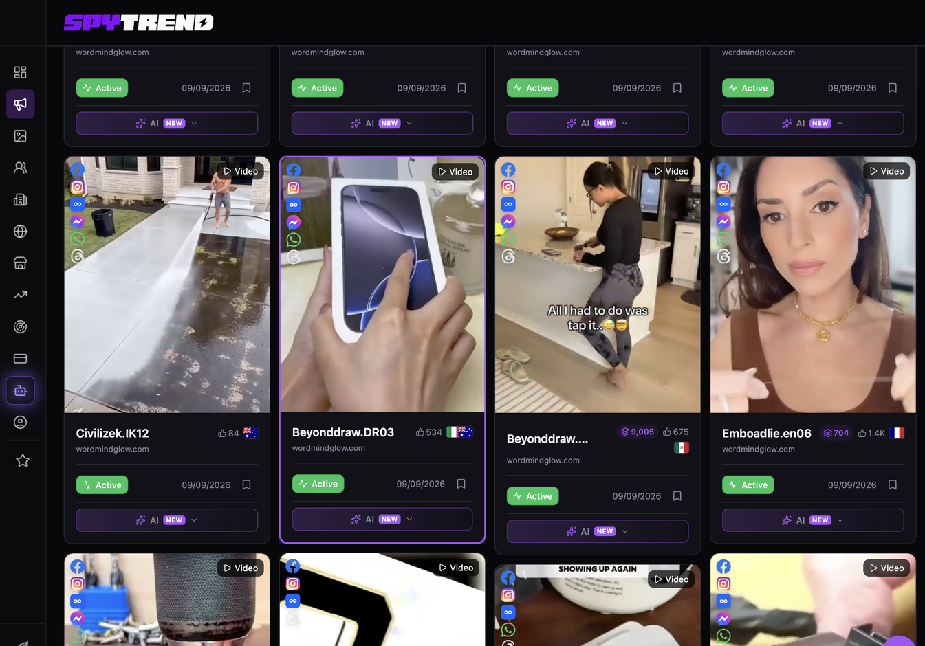 Spytrend Creatives grid for one store showing unrelated sub-angles under different advertiser page names against a single domain