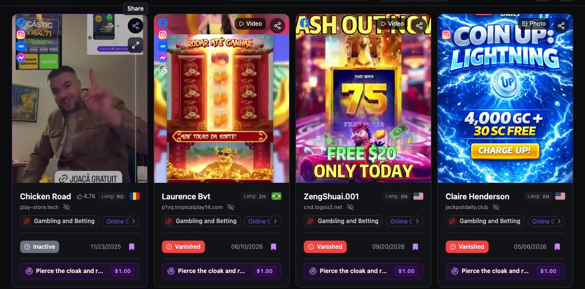 Ad cards in the Ads section: hovering over the round button in the corner of the media shows the Share tooltip
