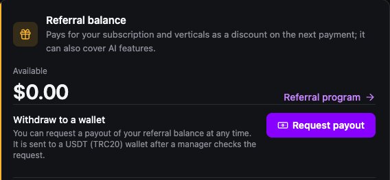 The "Referral balance" card in the profile: the available amount, the "Withdraw to a wallet" block and the "Request payout" button