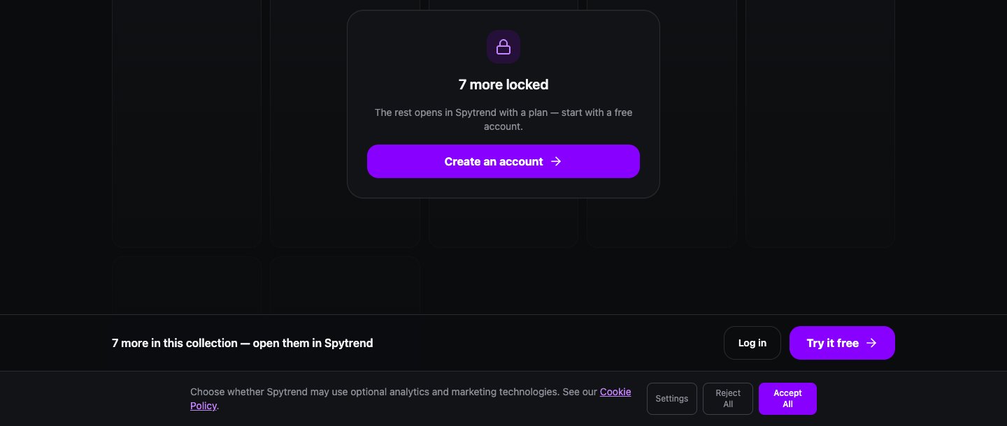The "7 more locked" block on the collection page: "The rest opens in Spytrend with a plan — start with a free account." and a "Create an account" button