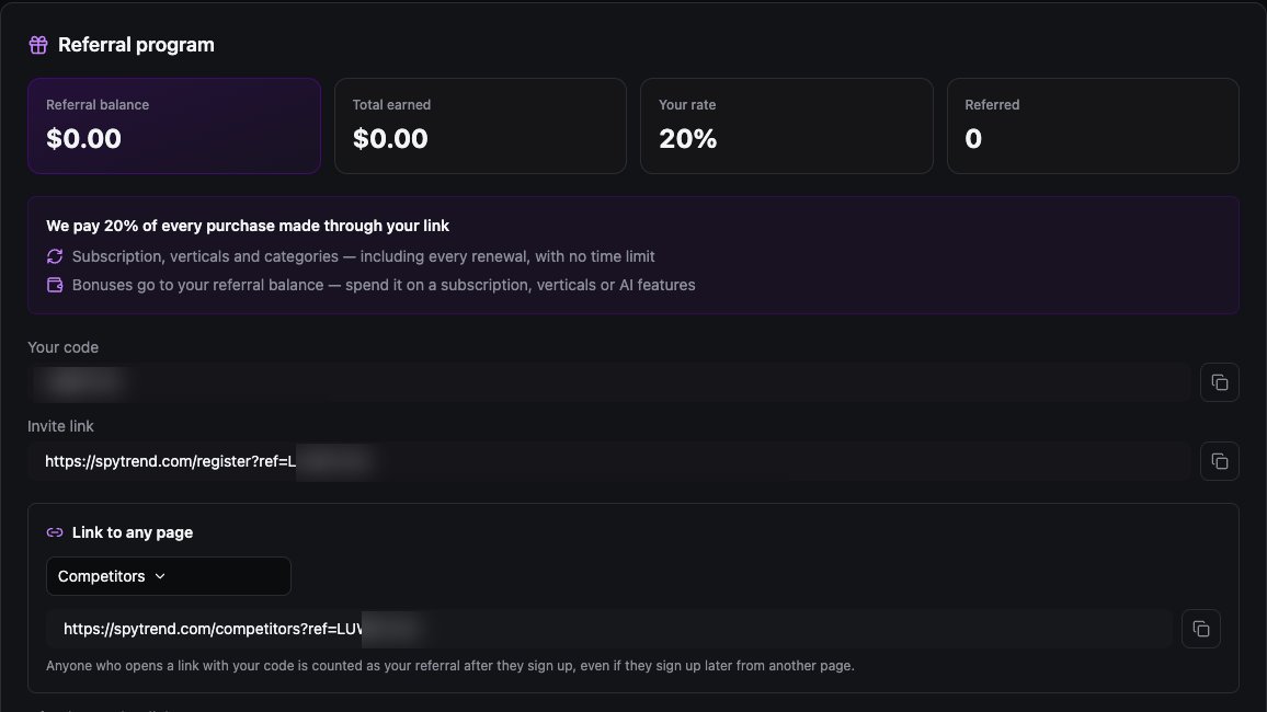 The Referrals tab in the profile: "Your rate 20%", "We pay 20% of every purchase made through your link", renewals with no time limit, then your code, the invite link and "Link to any page"