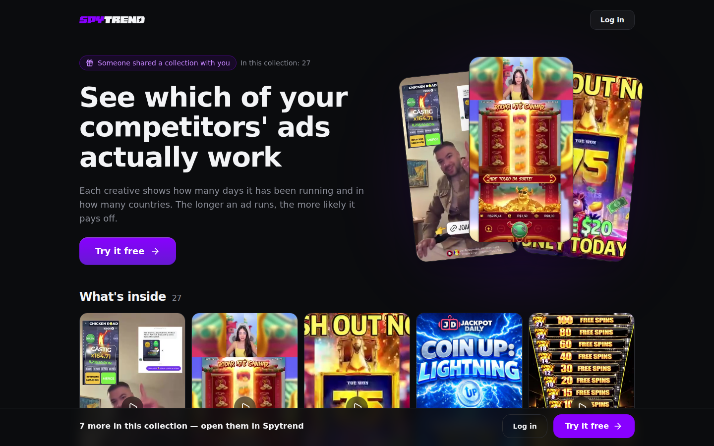 The collection page by link: the "See which of your competitors' ads actually work" heading, "In this collection: 27", a grid of creatives and the bottom bar "7 more in this collection — open them in Spytrend"