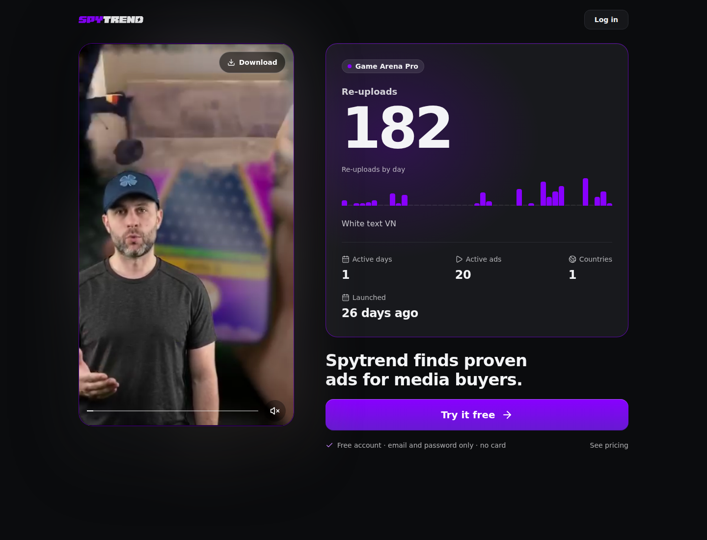 The creative page on a computer: the video with a Download button on the left, "Re-uploads 182" and a "Re-uploads by day" chart on the right, "Active days 1", "Active ads 20", "Countries 1", "Launched 26 days ago" and a "Try it free" button