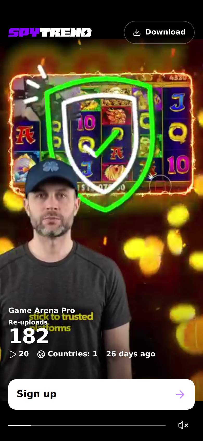 The creative page on a phone: full-screen video with a Download button, "Re-uploads 182", 20 active ads, "Countries: 1", "26 days ago" and a white "Sign up" button on top