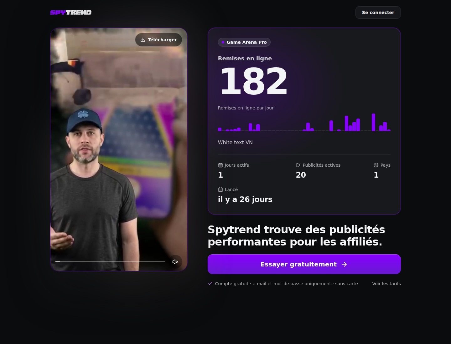 La page de la créative sur ordinateur : à gauche la vidéo avec un bouton Télécharger, à droite « Remises en ligne 182 » et un graphique « Remises en ligne par jour », « Jours actifs 1 », « Publicités actives 20 », « Pays 1 », « Lancé il y a 26 jours » et un bouton « Essayer gratuitement »