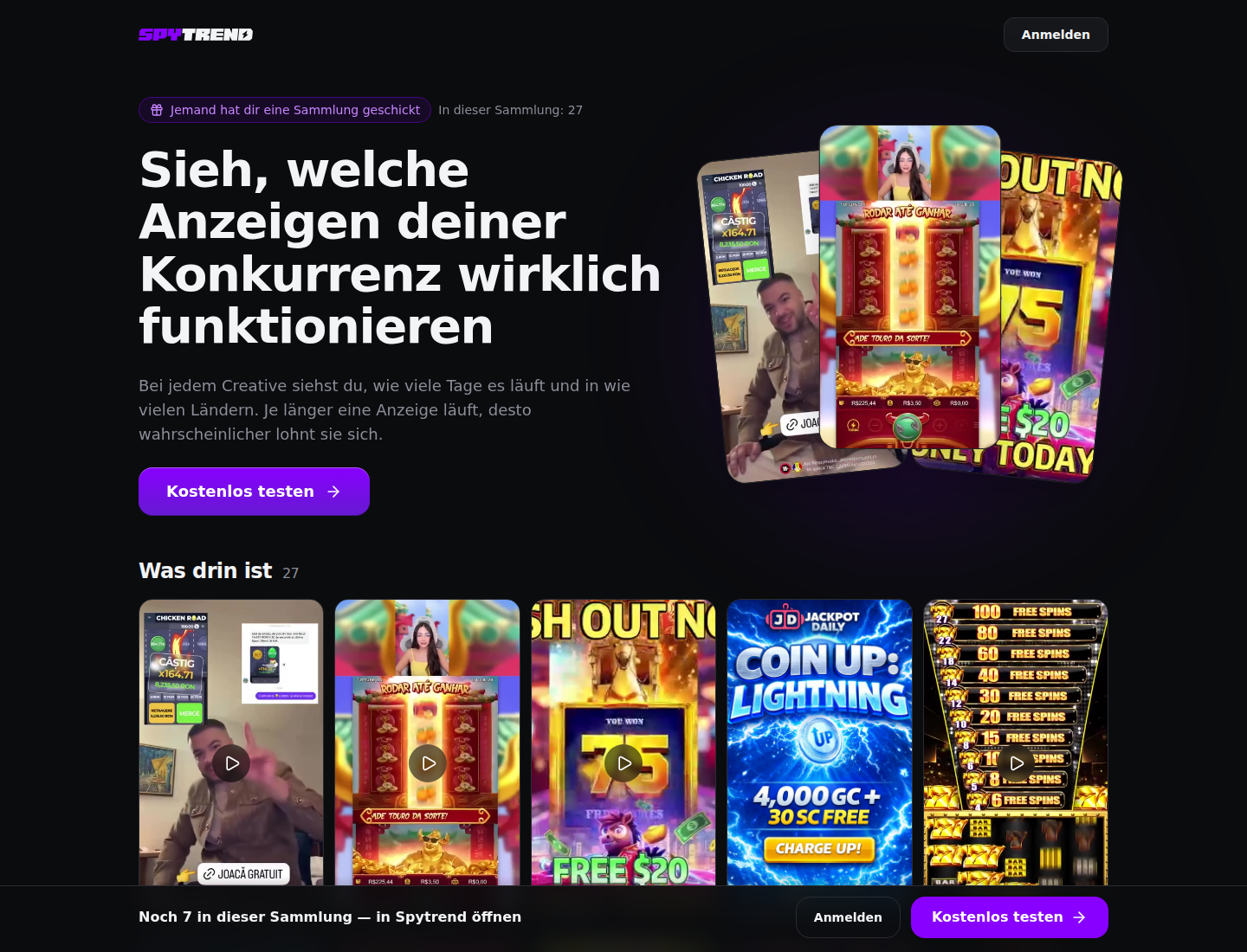 Die Sammlungsseite per Link: die Überschrift „Sieh, welche Anzeigen deiner Konkurrenten wirklich funktionieren“, „In dieser Sammlung: 27“, ein Raster aus Creatives und die untere Leiste „7 weitere in dieser Sammlung – öffne sie in Spytrend“