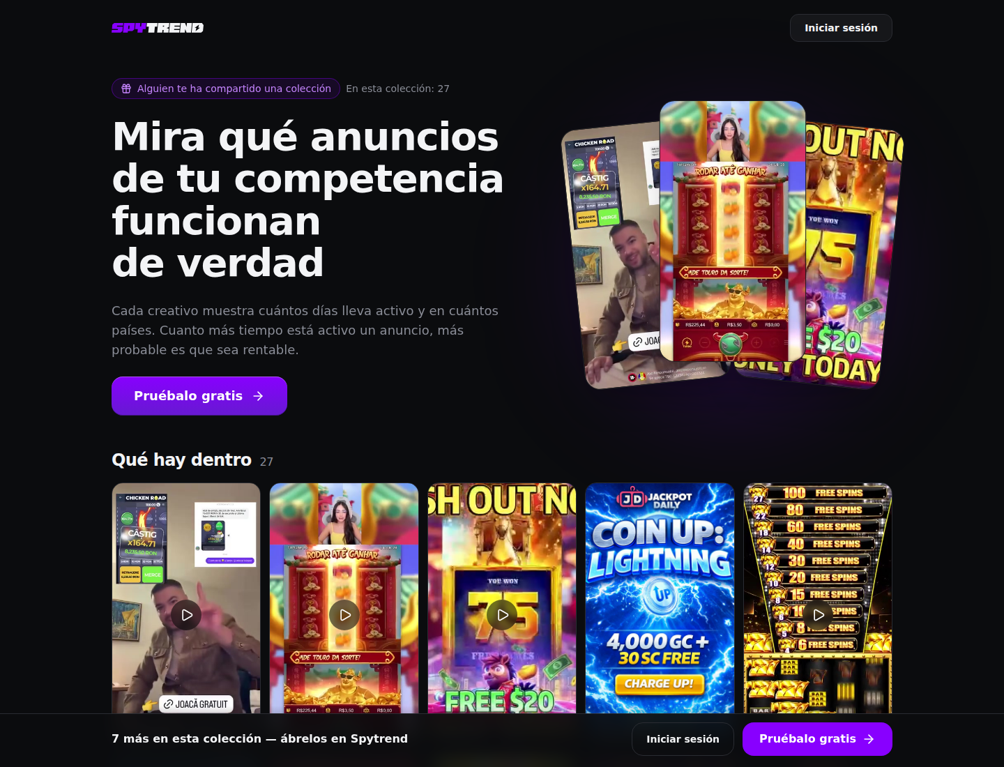 La página de la colección por enlace: el título «Mira qué anuncios de tu competencia funcionan de verdad», «En esta colección: 27», una cuadrícula de creatividades y la barra inferior «7 más en esta colección — ábrelos en Spytrend»