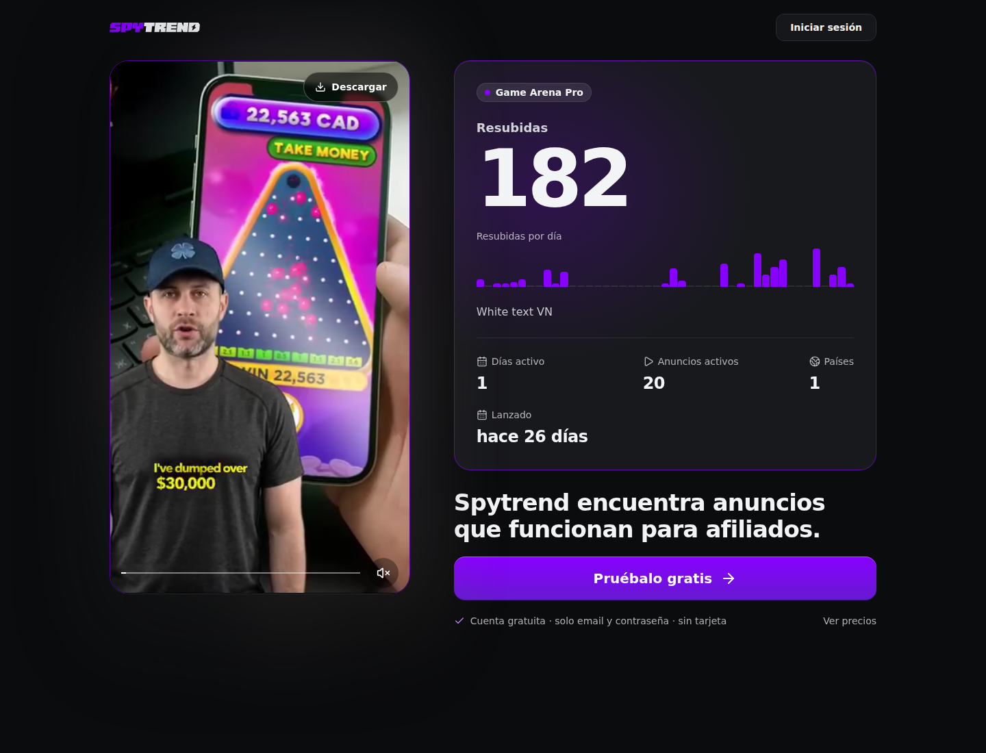 La página de la creatividad en escritorio: a la izquierda el vídeo con un botón Descargar; a la derecha «Resubidas 182» y un gráfico «Resubidas por día», «Días activo 1», «Anuncios activos 20», «Países 1», «Lanzado hace 26 días» y un botón «Pruébalo gratis»
